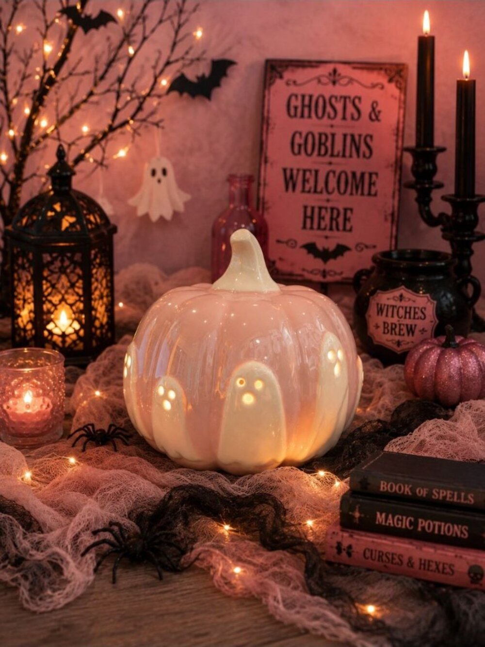 New Ceramic Opal Light Up Pink & White Pumpkin W/ Ghosts Halloween Holiday Decor